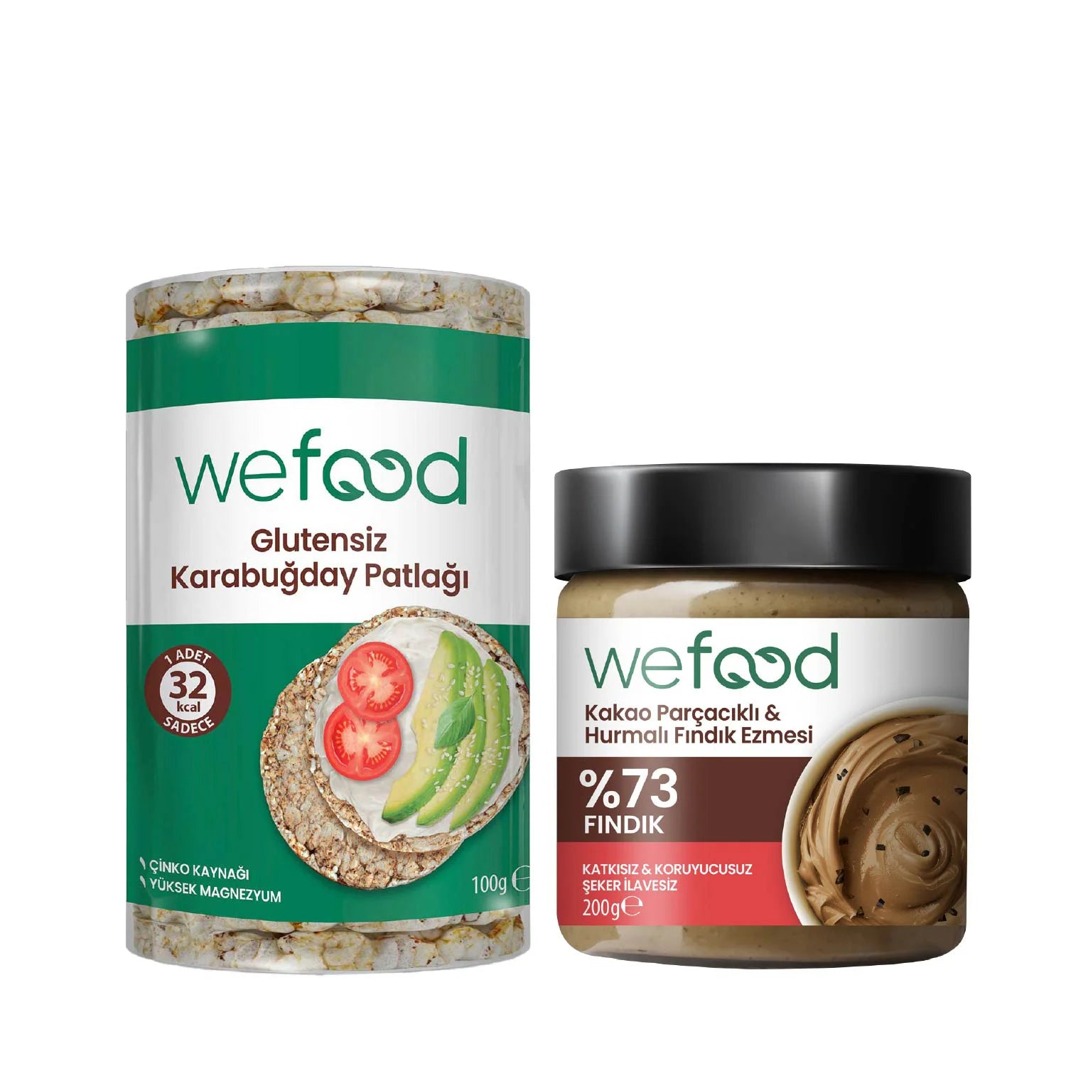 Wefood Kakao Parçacıklı Fındık Ezmesi 200 gr + Wefood Glutensiz Karabuğday Patlağı 100 gr